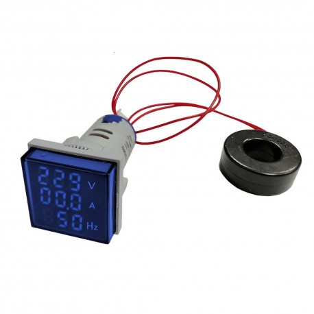 Woltomierz-Amperomierz-Miernik częstotliwości LED 30x30 mm 20–500V/100A niebieski